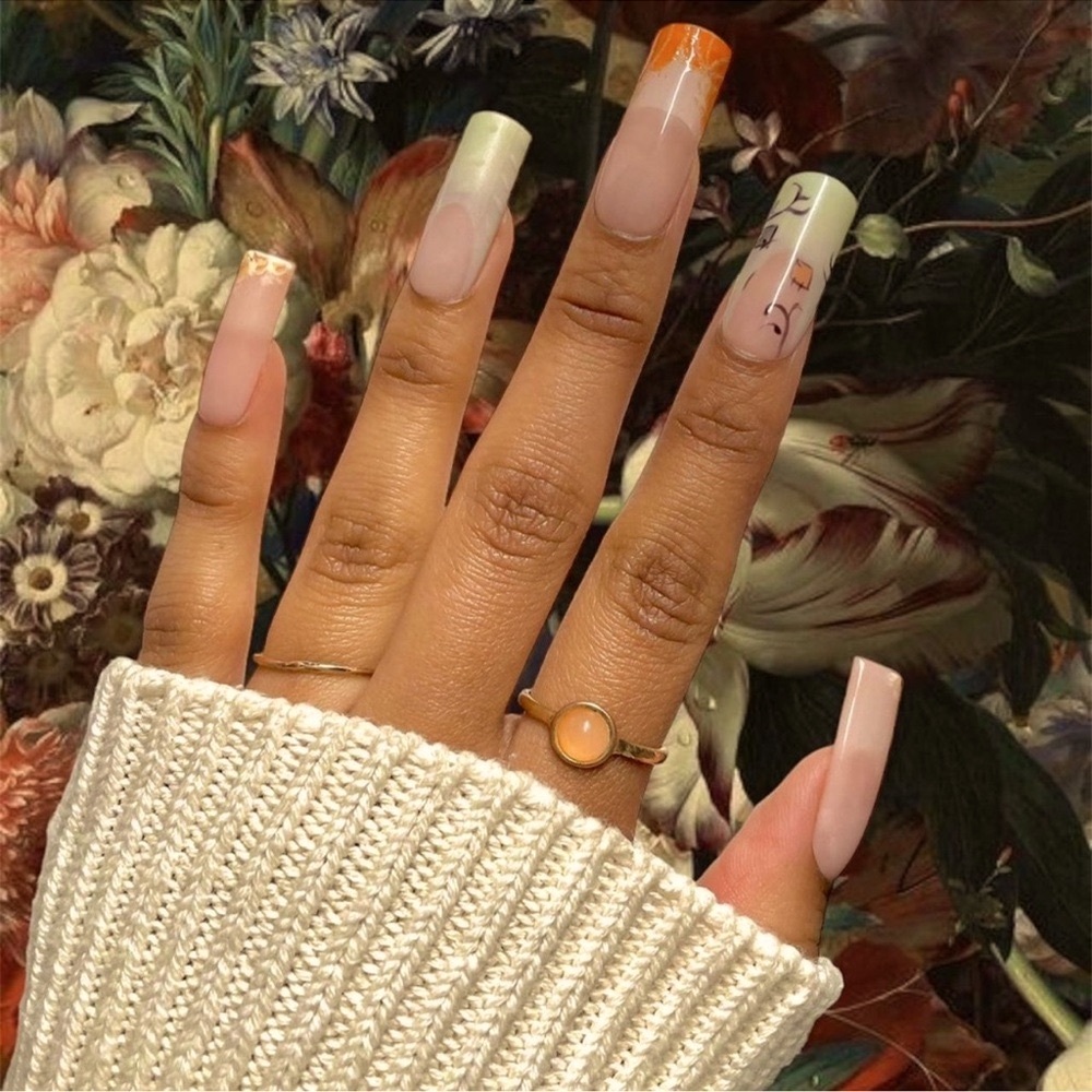 Fall Press On Nails | Pumpkin Sweater Scarecrow | Handpainted Gel Halloween Set